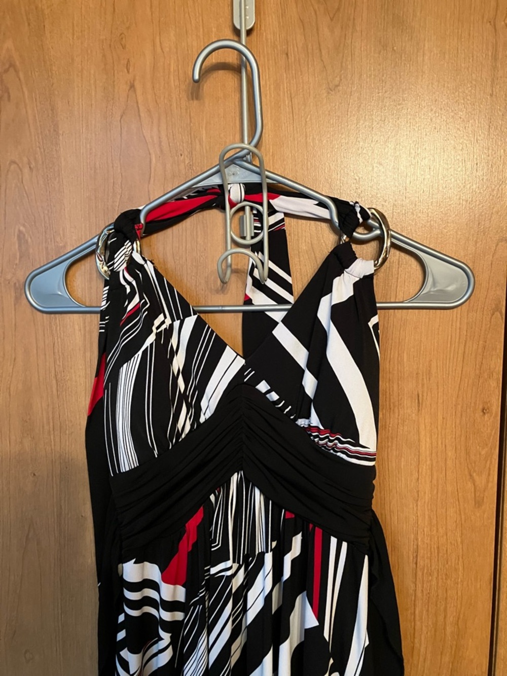 Studio Y Black, White & Red Geometric Maxi Halter Dress Back Tie